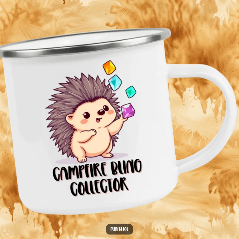 Funny camping mug with a hedgehog skillfully juggling sparkling gems with its quills, perfect for outdoor adventures and warm drinks.