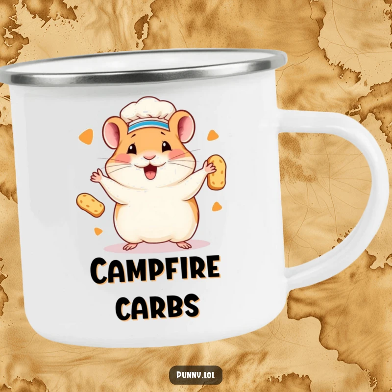 Funny hamster chef camping mug with a hamster in a chef hat juggling bread. Durable and humorous outdoor drinkware.