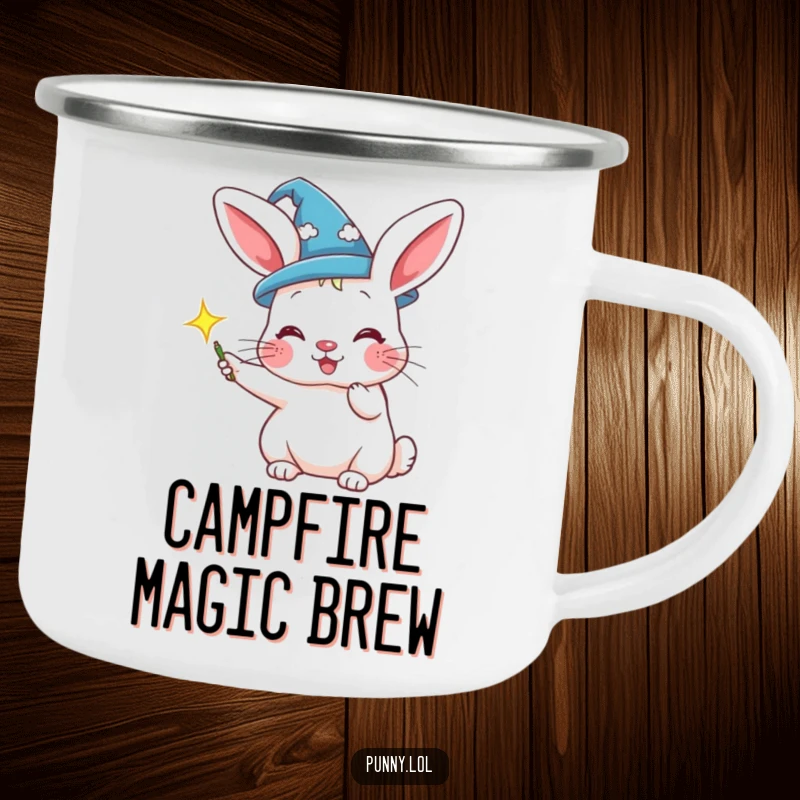 Funny camping mug with a rabbit wizard conjuring a sparkle, for magical outdoor drinks.