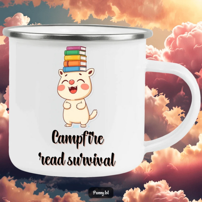Funny camping mug with a creature balancing many books on its nose, ideal for outdoor reading enthusiasts.