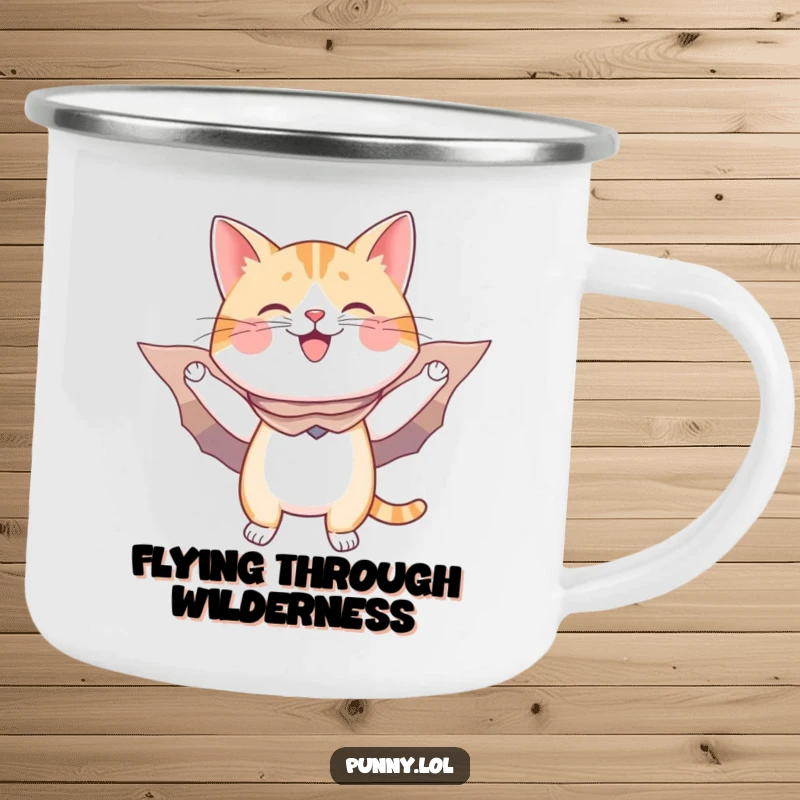 Funny camping mug: a happy cat in a cape and cardboard wings flies, ready for outdoor adventures.