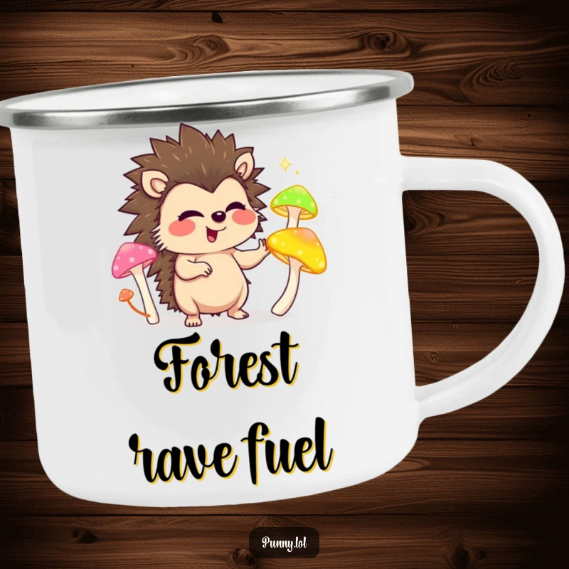 Funny camping mug featuring a giggling hedgehog juggling glowing mushrooms, perfect for humorous outdoor beverages.