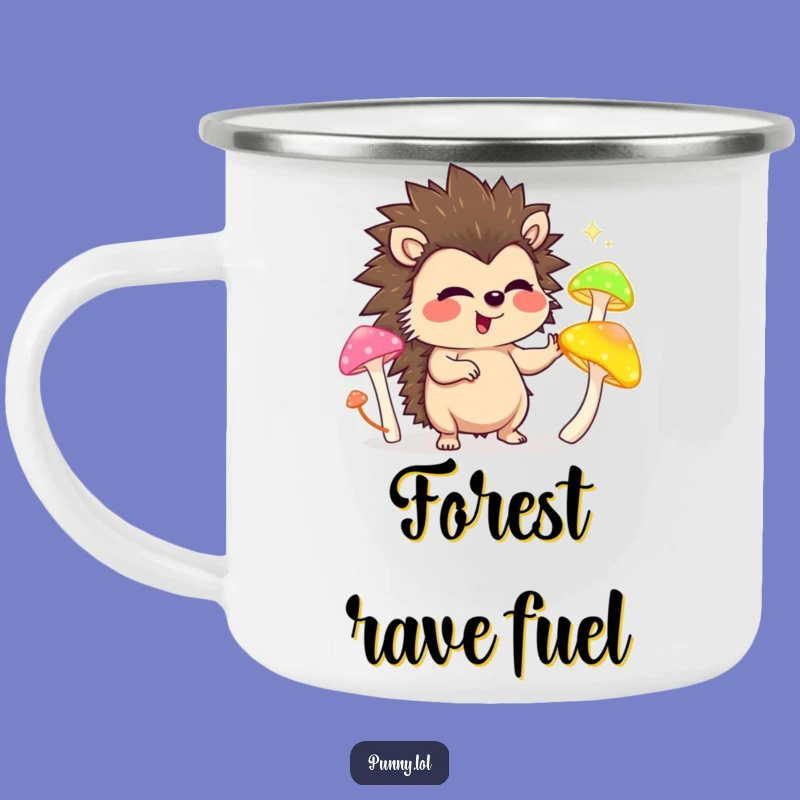 Funny Hedgehog Camping Mug: Giggling Juggler of Glowing Mushrooms, Outdoor Fun Gift!
