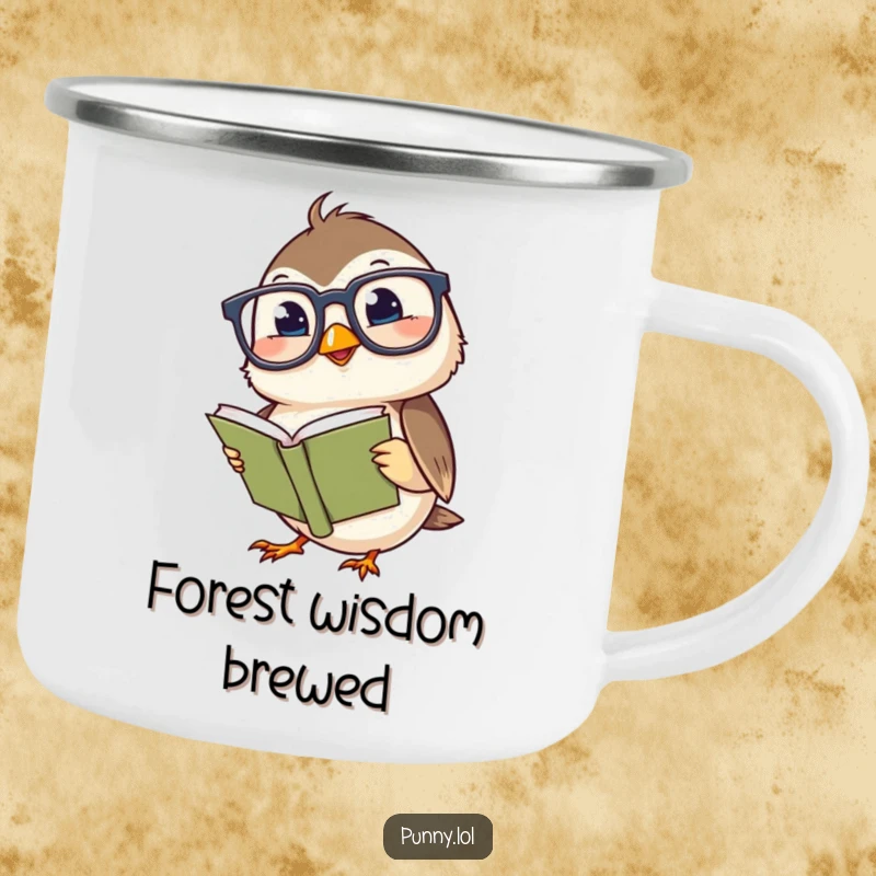 Funny camping mug with a giggling chickadee wearing big glasses, reading a small book, ideal for outdoor enthusiasts.