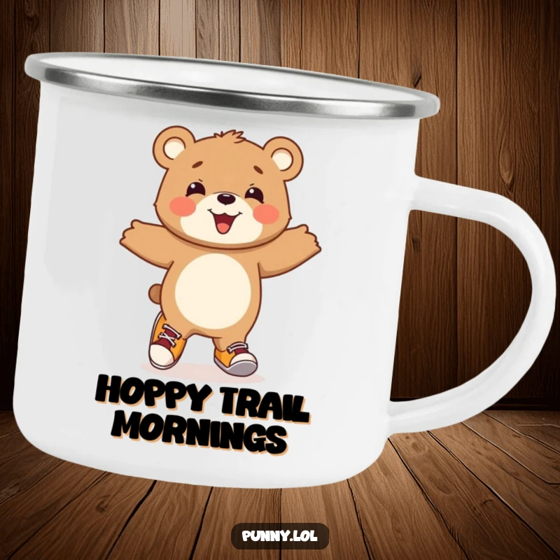 Funny Bear Cub Camping Mug: A beaming bear cub hops joyfully in mismatched shoes, perfect for outdoor cheer and warm beverages.
