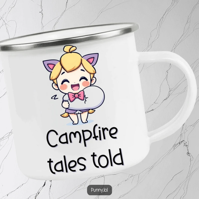 Funny Bowtie Character Speech Bubble Camping Mug: A durable enamel mug with a funny design of a character in a bowtie holding a speech bubble.
