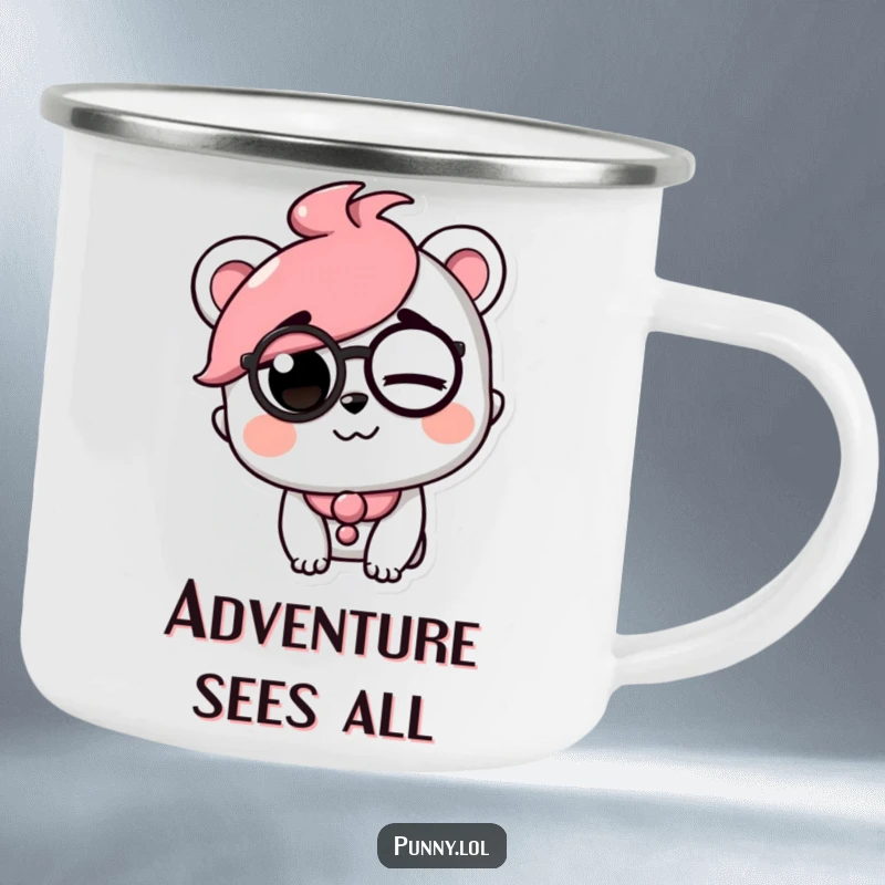 Funny camping mug with a playful character wearing a monocle and winking, perfect for stylish outdoor sipping.