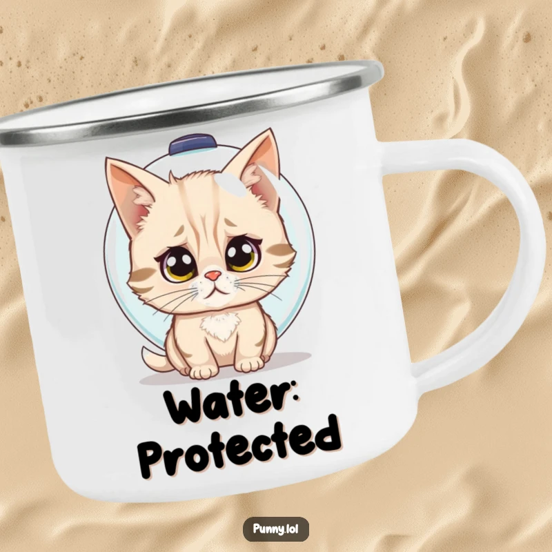 Funny camping mug illustrating a confused cat trying to wear a fishbowl as a helmet, designed for outdoor fun.
