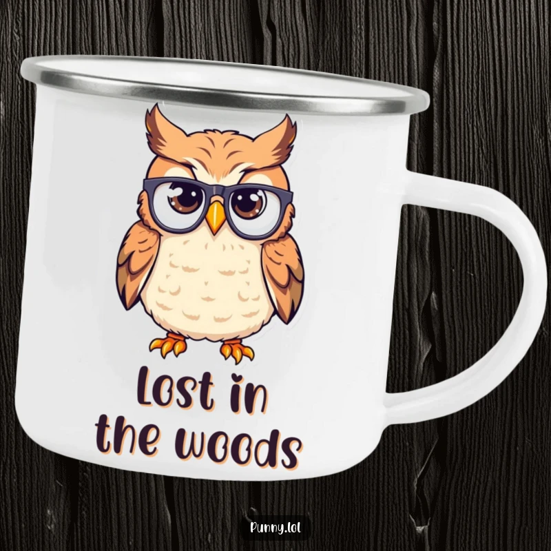 Funny camping mug with a confused owl wearing glasses upside down on its beak, great for outdoor humor.