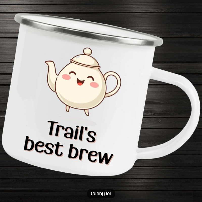 Funny enamel camping mug featuring a happy, steaming teapot character dancing around a campfire setting.