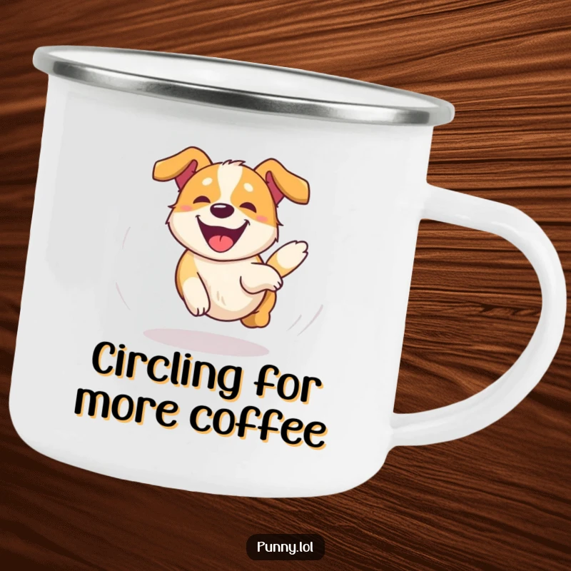 Funny Dog Camping Mug showing a happy, dizzy dog chasing its tail in an overjoyed circle, perfect for outdoor adventures and a funny gift.