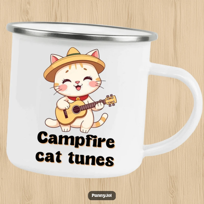 Funny enamel camping mug featuring a smiling cat wearing a small sombrero and playing a miniature guitar, for outdoor adventures.