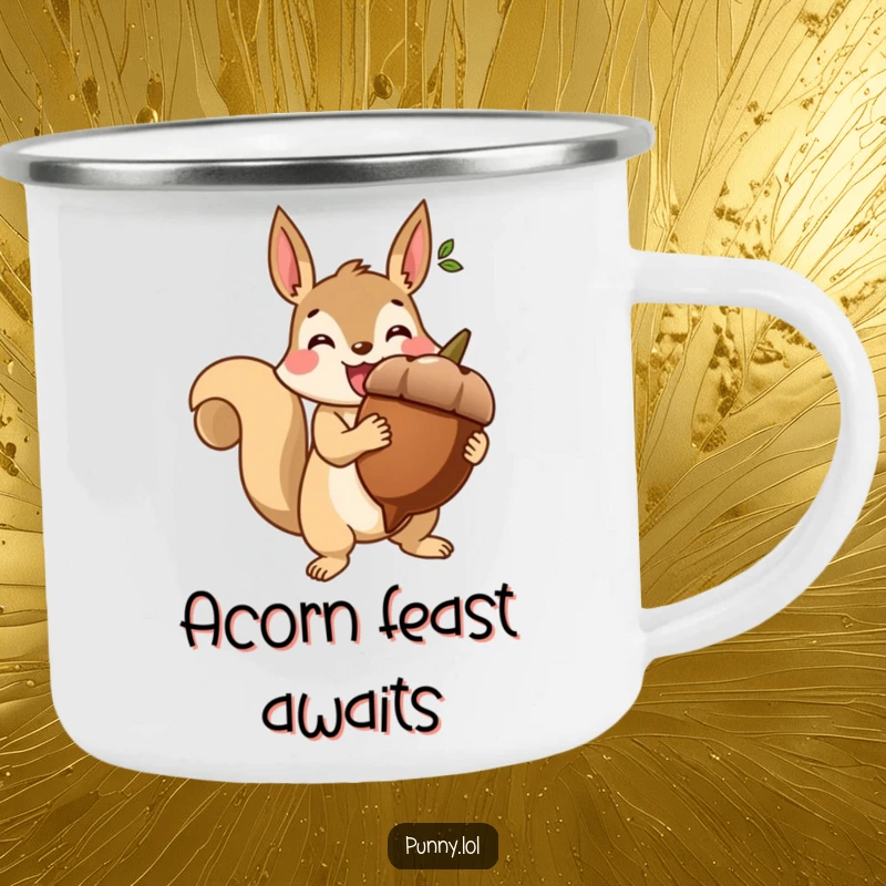 Funny enamel camping mug featuring a beaming squirrel holding a giant acorn like a trophy, for outdoor achievements.