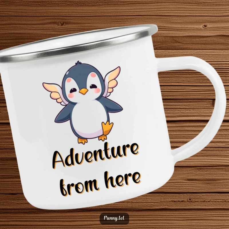 Funny camping mug featuring a silly penguin flapping tiny wings, symbolizing the humorous pursuit of adventure and dreams.