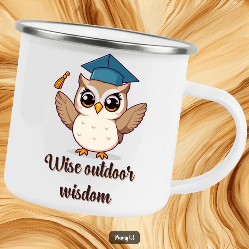 Funny camping mug featuring a proud owl in a graduation cap, tossing its tassel, perfect for celebrating achievements outdoors.