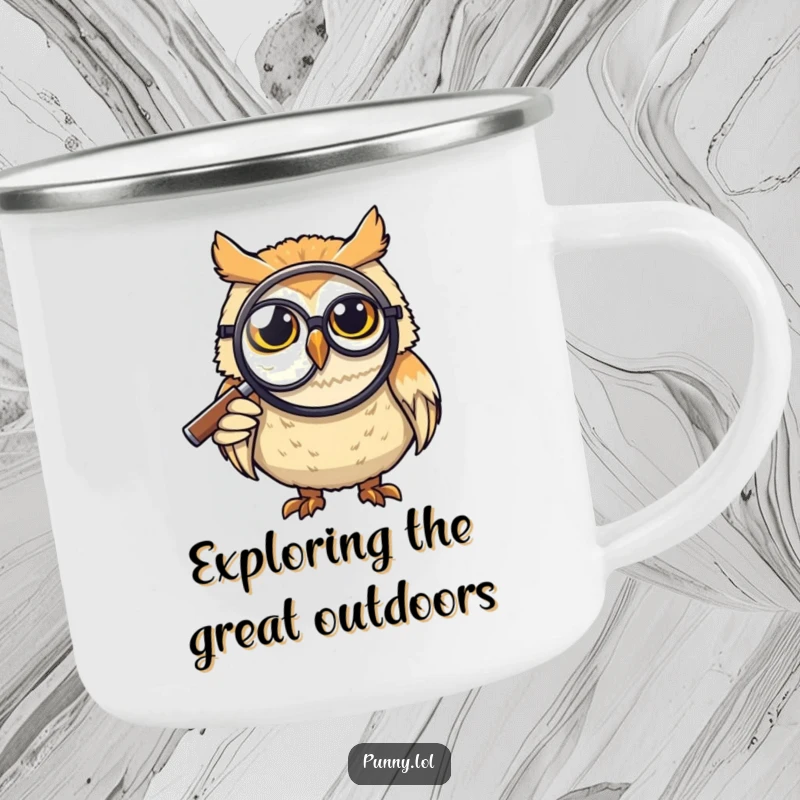 Funny Camping Mug: A grinning owl in a monocle uses a giant magnifying glass during outdoor adventures, a humorous and durable funny gift.