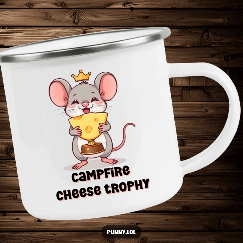Funny Mouse Camping Mug: A triumphant mouse holds a giant cheese wedge trophy, perfect for outdoor celebrations and warm beverages.