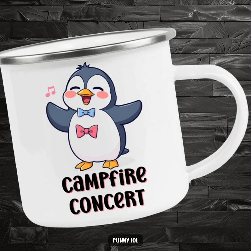 Funny, rugged camping mug showcasing a silly penguin wearing a bowtie, passionately singing opera, ideal for outdoor entertainment.
