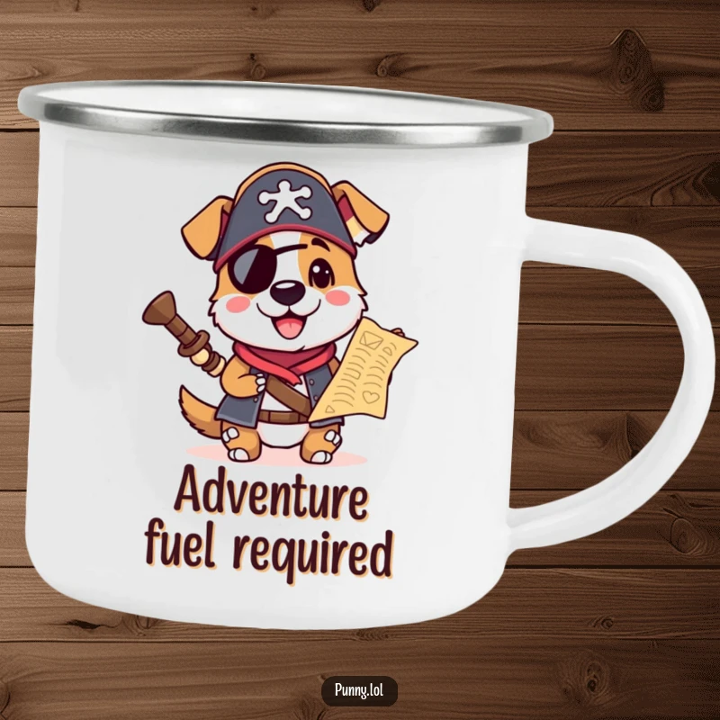Funny camping mug featuring a pirate dog in a hat, holding a treasure map, ready for outdoor adventures and hot beverages.
