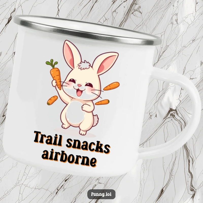 Funny rabbit camping mug depicting a playful bunny juggling three carrots, symbolizing skill and fun on adventures.
