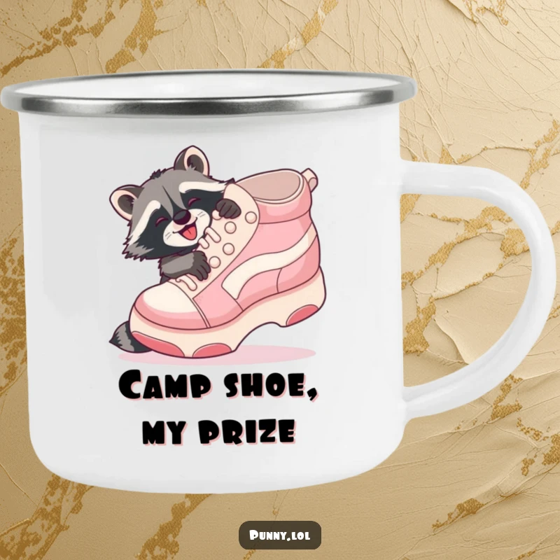 Funny Raccoon Shoe Hug Camping Mug: A playful raccoon gleefully hugs a giant inflatable shoe, ready for the outdoors.
