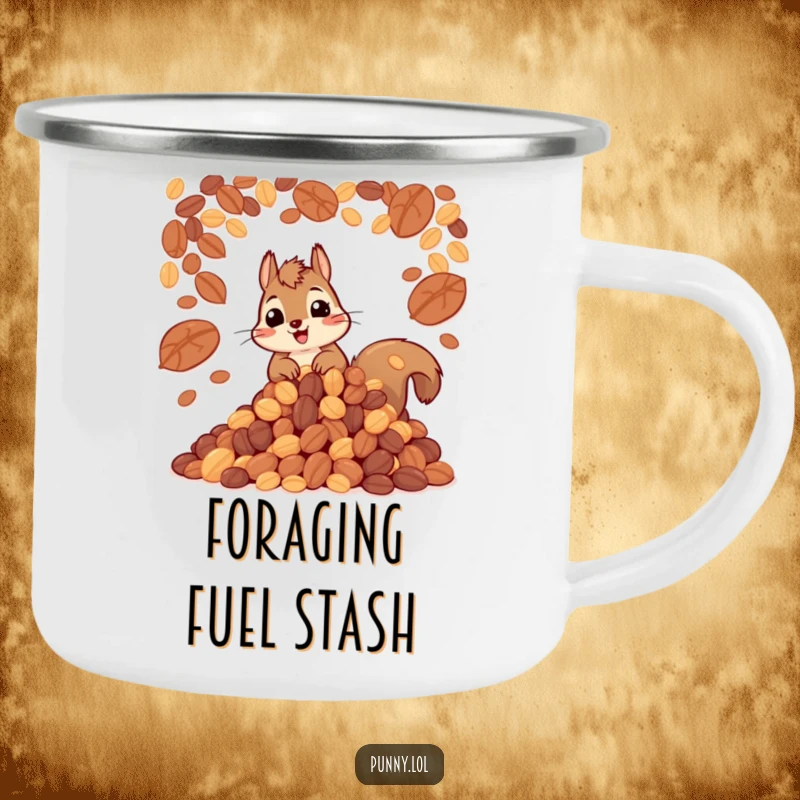 Funny camping mug with a cheerful squirrel hoarding a large pile of nuts, great for outdoor humor.