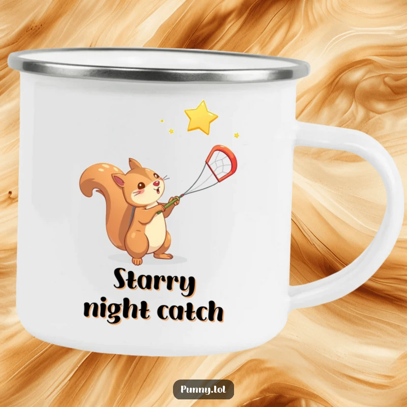 Funny Squirrel Camping Mug: A determined squirrel heroically catches a falling star in the wilderness, bringing cosmic humor.