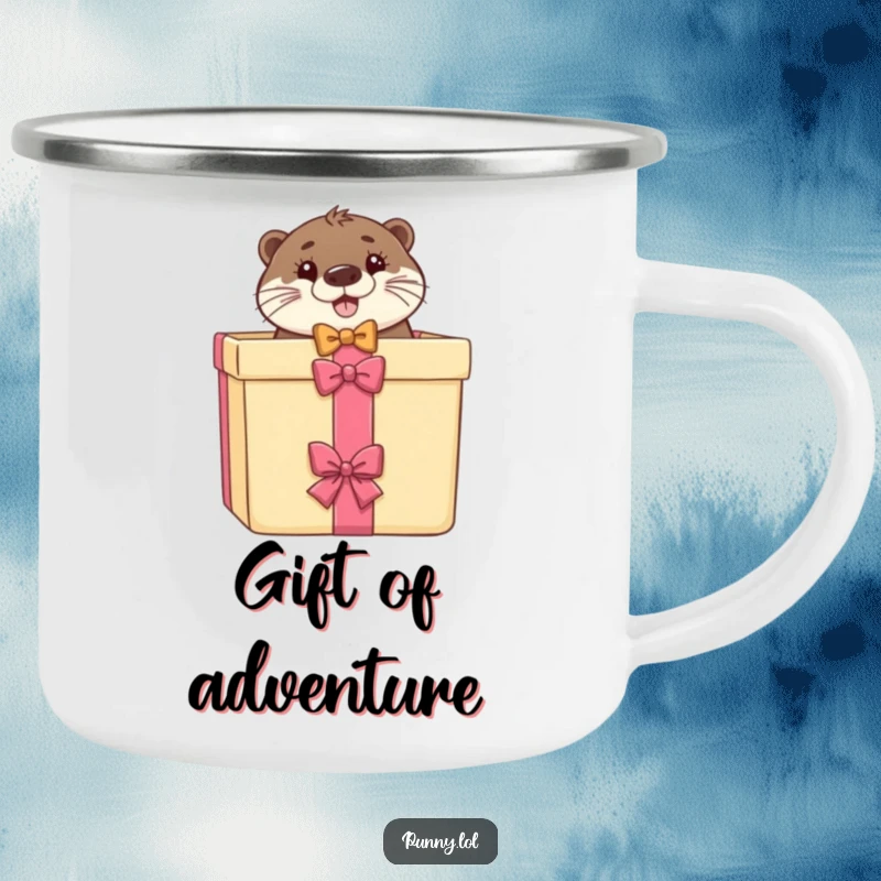 Funny camping mug with a happy otter in a bow tie peeking from a gift box, for outdoor use.