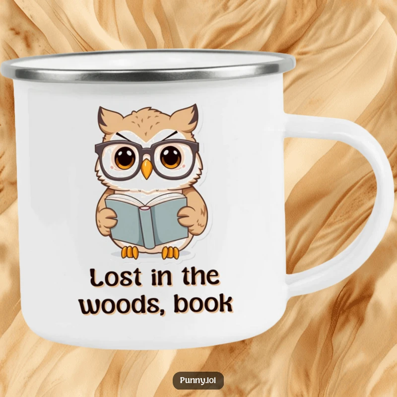 Funny Owl Camping Mug with a surprised owl wearing oversized glasses reading a tiny book, perfect for outdoor reading and a funny gift.