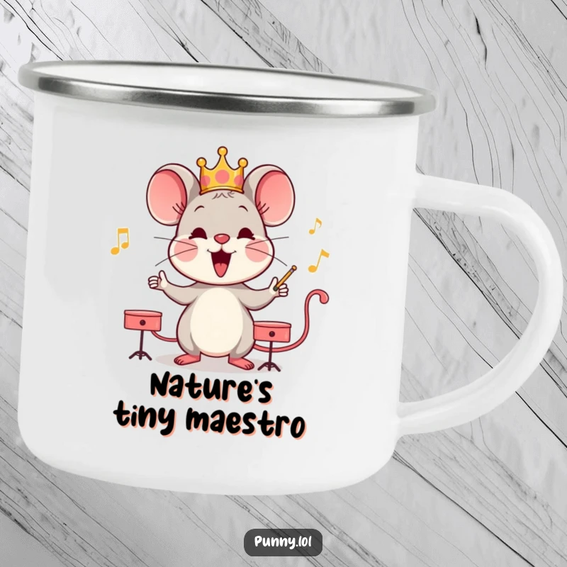 Funny mouse wearing a crown, conducting an orchestra on a rugged camping mug, designed for outdoor melodies.