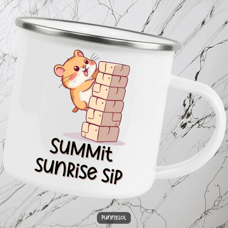 Funny hamster camping mug depicting a determined rodent climbing a large block, symbolizing perseverance on adventures.