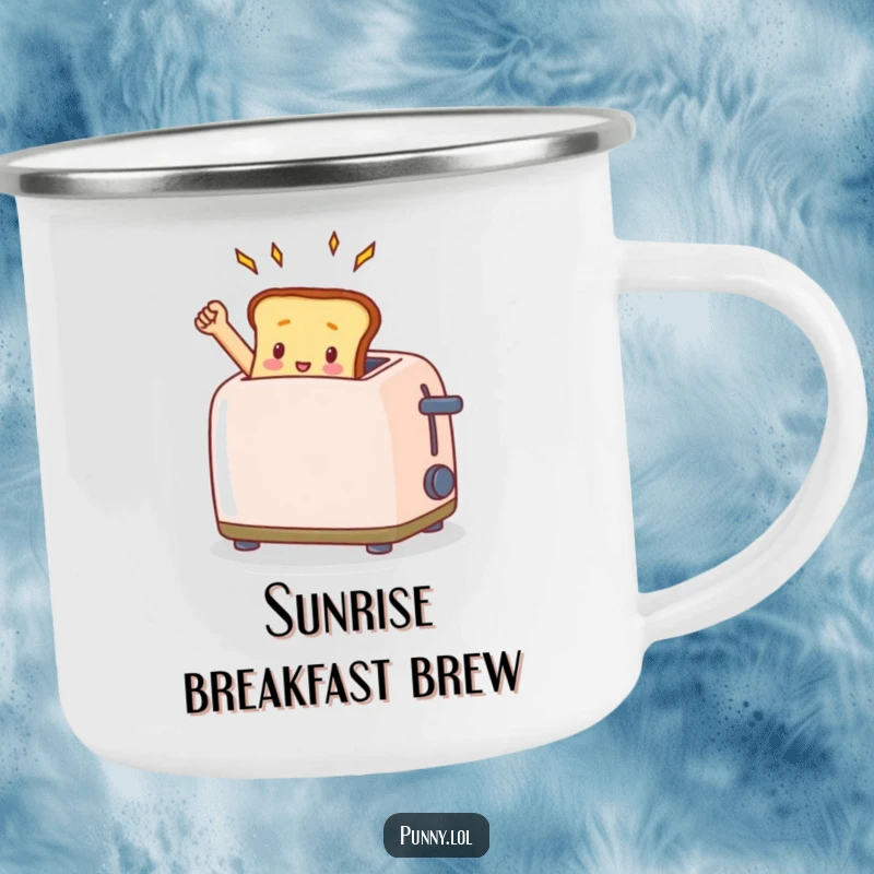 Durable camping mug showcasing a funny toast popping triumphantly from a toaster, ready for outdoor breakfast fun.