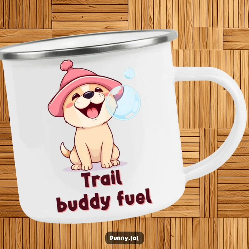 Funny, rugged camping mug showcasing a happy dog in a silly hat, barking at a floating bubble, ideal for outdoor fun.