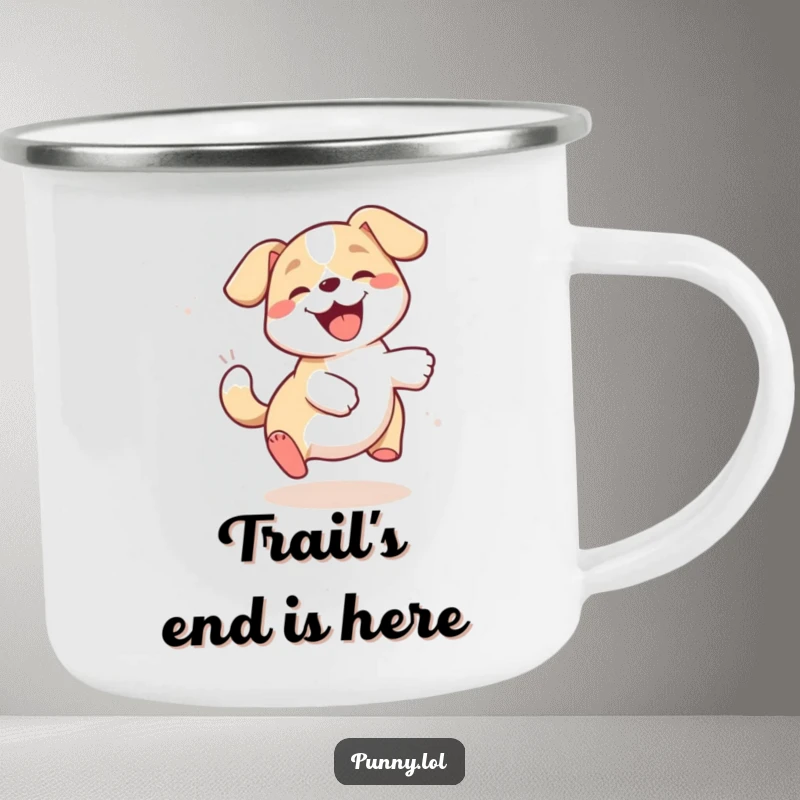 Funny dog camping mug depicting a happy puppy comically chasing its own tail, ideal for outdoor enthusiasts.