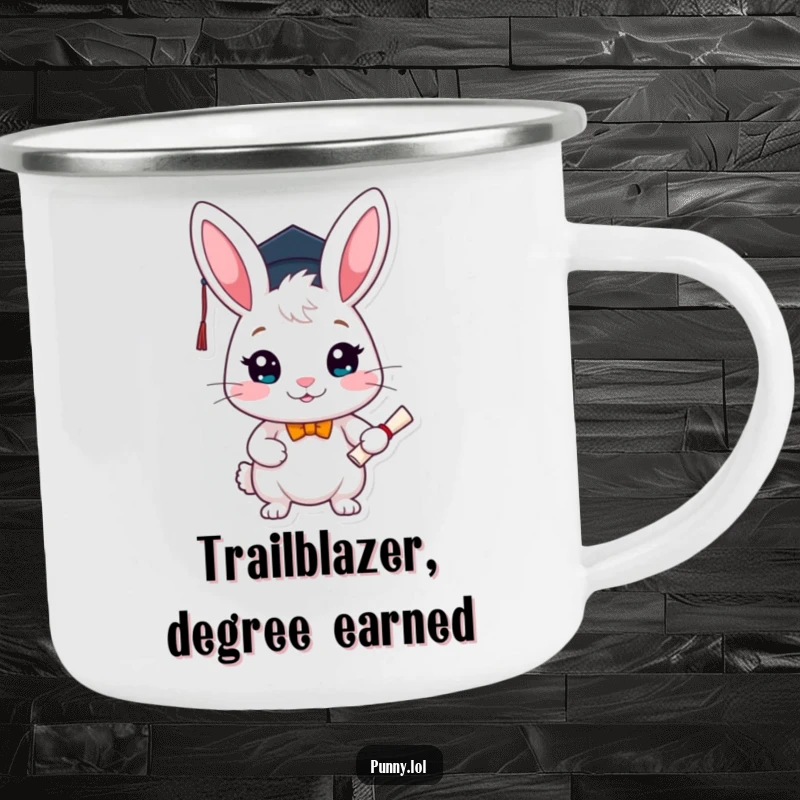 Funny graduation camping mug featuring a happy rabbit in a cap holding a diploma, ready for outdoor celebrations and adventures.