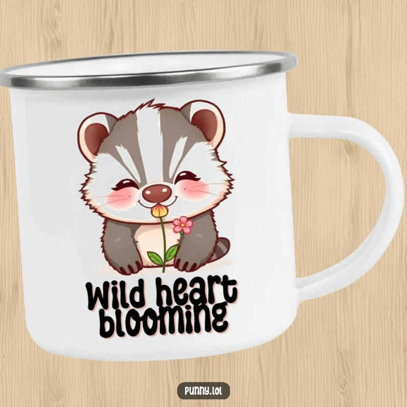Funny camping mug with a grinning badger blowing a kiss that transforms into a delicate flower, ideal for outdoor breaks.