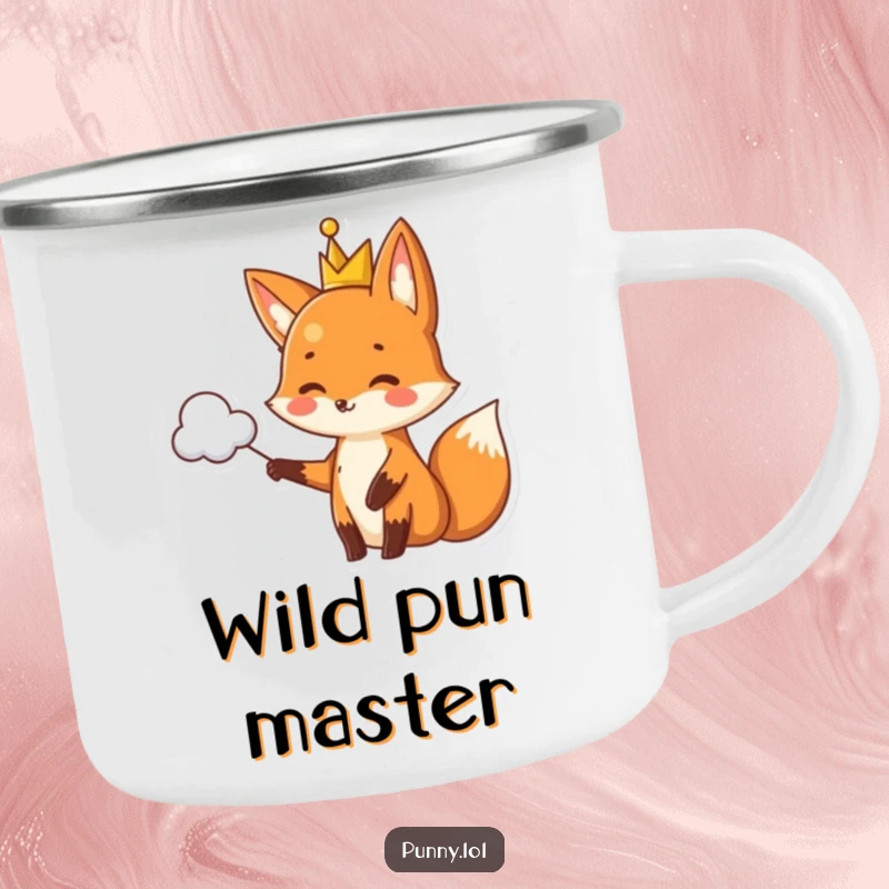 Funny fox camping mug wearing a crown, pointing to a pun-shaped cloud, a durable and humorous outdoor cup.