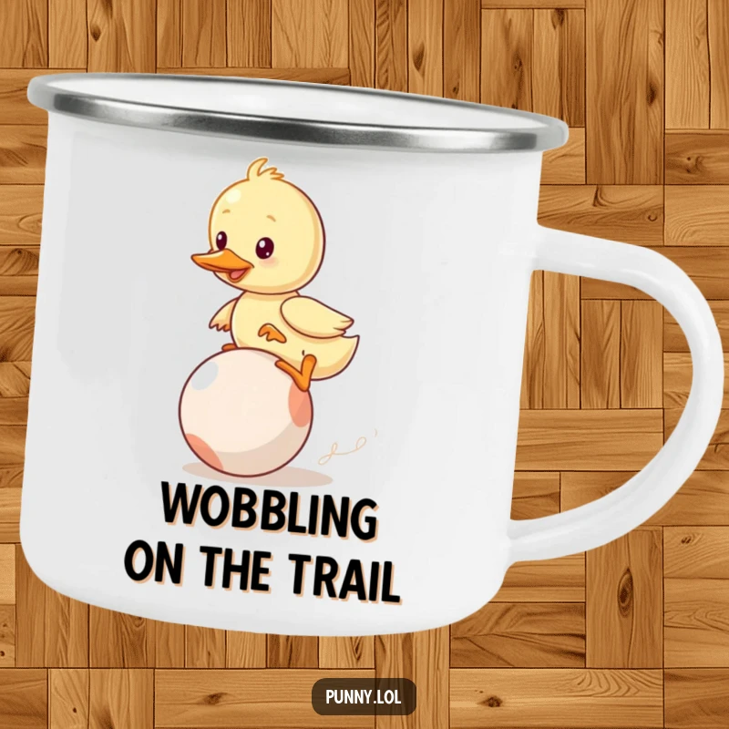 Funny Duckling Camping Mug: A wobbly duckling hilariously attempts to ride a bouncing ball, perfect for outdoor laughs and warm drinks.