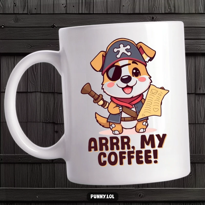 Funny mug featuring a playful dog in a pirate hat, holding a treasure map, ready to embark on a grand adventure.