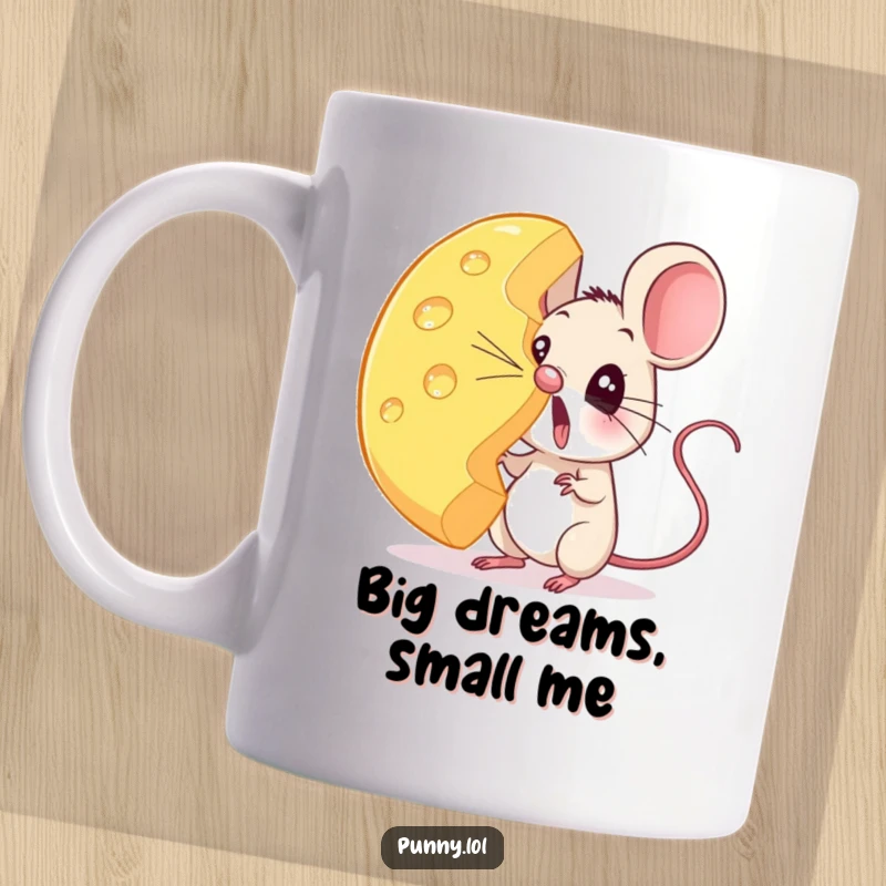Funny mouse mug showing a tiny, wide-eyed mouse struggling to balance an enormous wheel of cheese precariously on its nose.