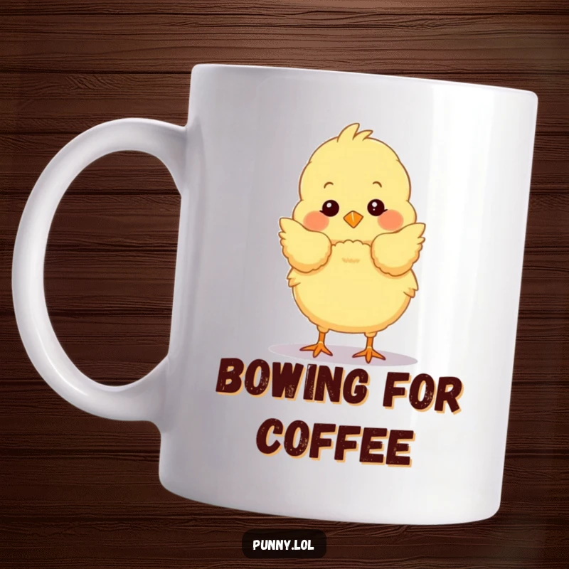 Funny chick mug depicting a fluffy bird taking a dramatic stage bow with exaggerated flourish, perfect for performers.