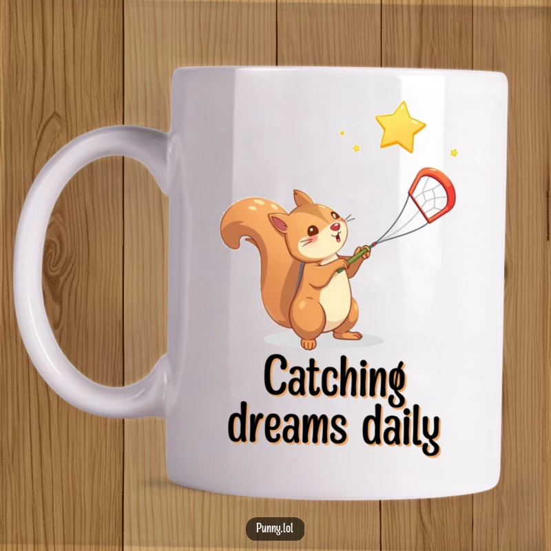 Funny Squirrel Mug: A determined squirrel bravely uses a net to catch a falling star from the night sky.