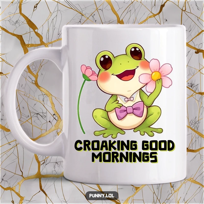 Funny Mug: A cheerful frog wearing a tiny bowtie, singing into a flower, printed on a delightful mug.