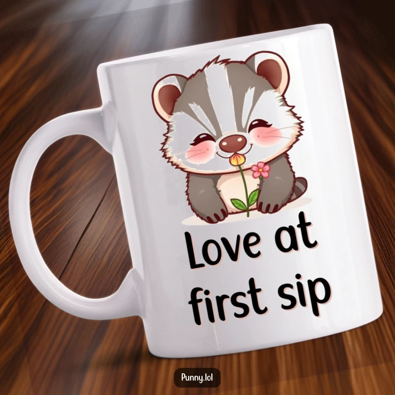 Funny grinning badger blowing a kiss that magically transforms into a delicate tiny flower, perfect for any mug.