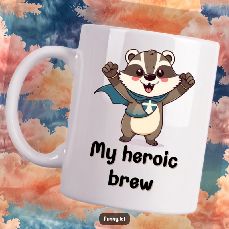 Funny mug depicting a triumphant badger wearing a superhero cape, striking a powerful, heroic pose with confidence.
