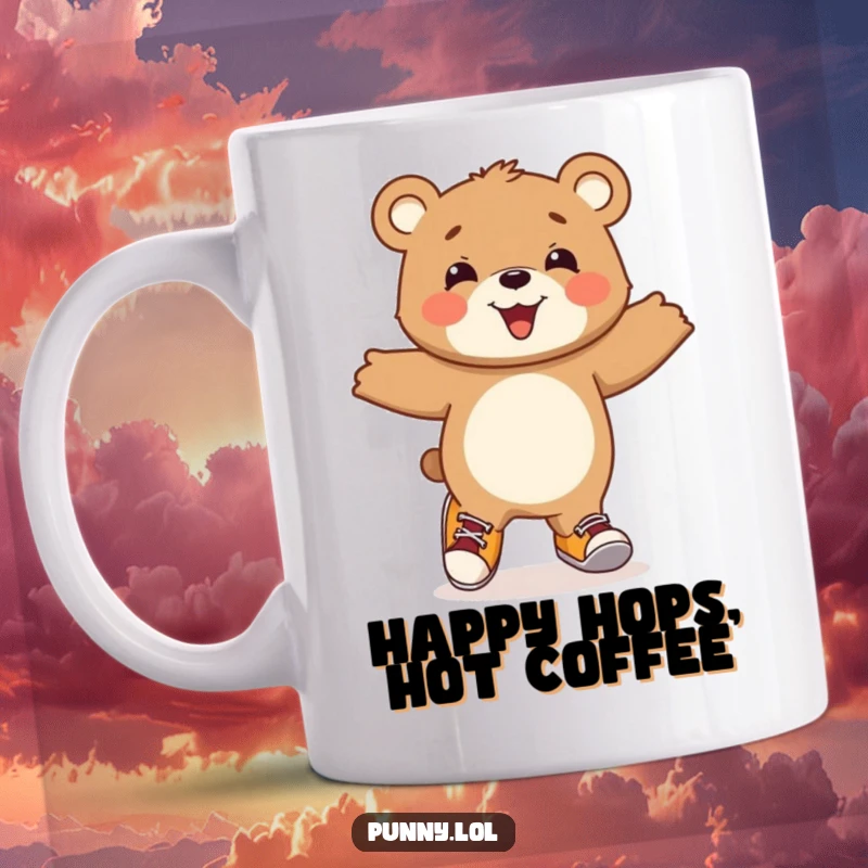 Funny Bear Cub Mug: A beaming bear cub joyfully hops around wearing comically mismatched shoes, radiating pure happiness.