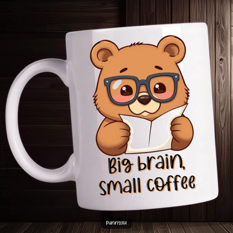 Funny scholar mug featuring a determined bear wearing large glasses, intensely examining a very small piece of paper, looking quite intellectual.