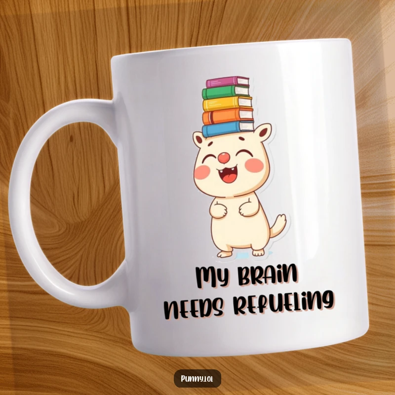 Funny mug featuring a cute, joyful creature hilariously balancing a tall stack of books on its nose, showcasing extreme bookish focus.