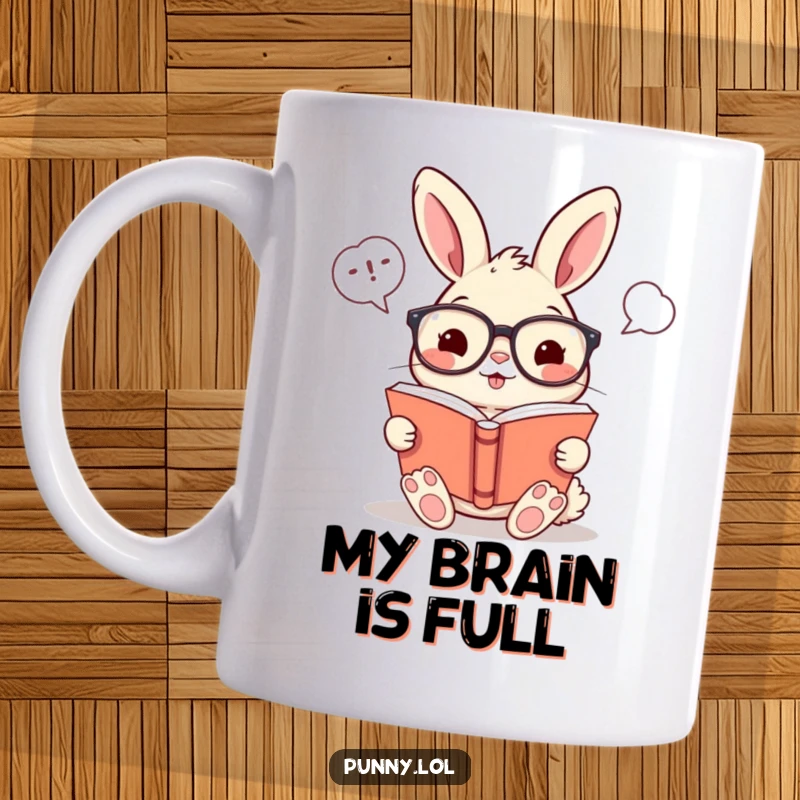 Funny mug featuring a cheerful rabbit wearing glasses, engrossed in reading a book with amusing word bubbles, bringing literary laughter.