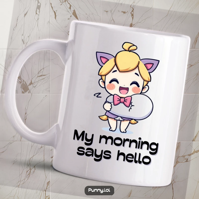 Funny Bowtie Character Speech Bubble Mug: A delighted character in a bowtie holds a large, empty speech bubble, ready for witty remarks. Humorous design.